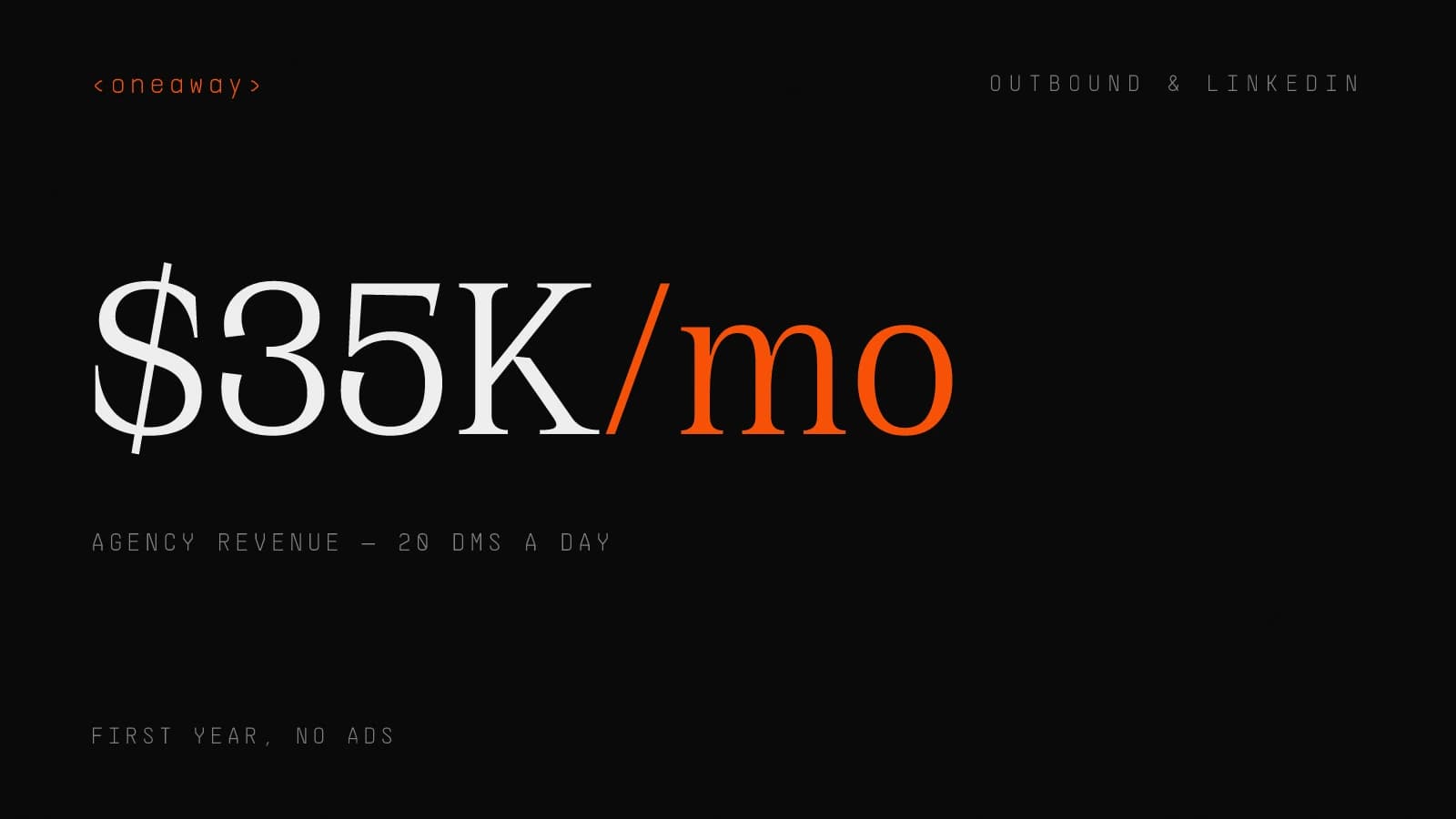 Stat cover: $35K/mo agency revenue built in the first year with 20 LinkedIn DMs a day and no ads.