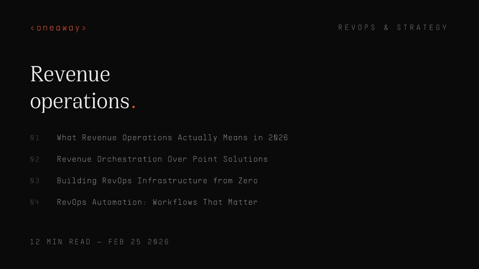 Typographic cover: revenue operations — a 2026 guide to RevOps pillars, automation workflows, tool stacks, and ROI metrics.