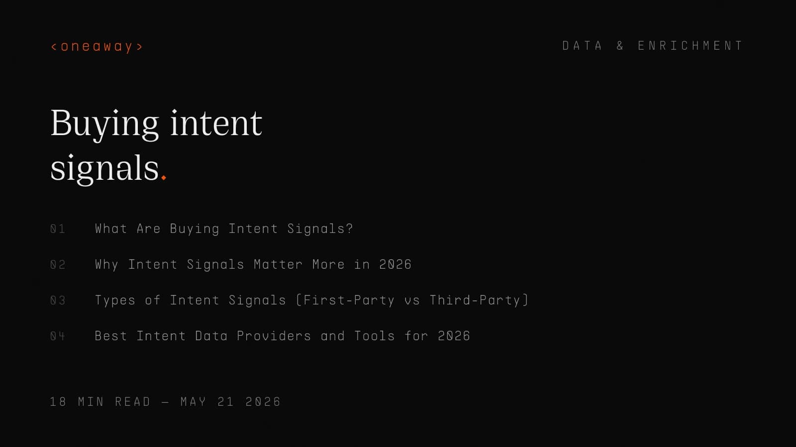 Typographic cover on buying intent signals — types, scoring frameworks, tools, and workflows for signal-based outreach in 2026.